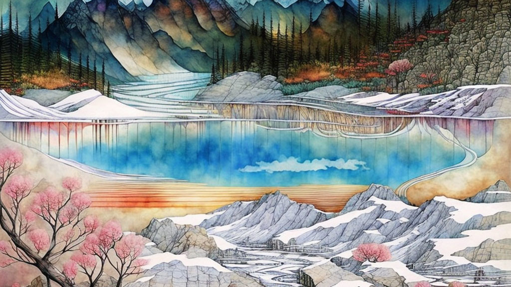 Colorful watercolor painting of layered mountain landscapes, serene lake reflection, and cherry blossoms.