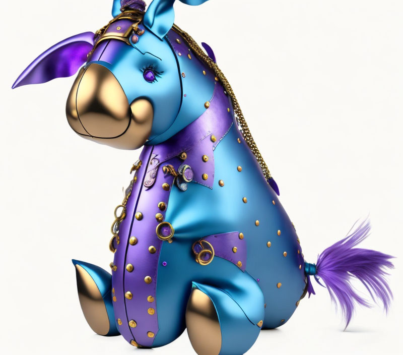 Blue Metallic Horse Statuette with Gold Accents and Purple Mane