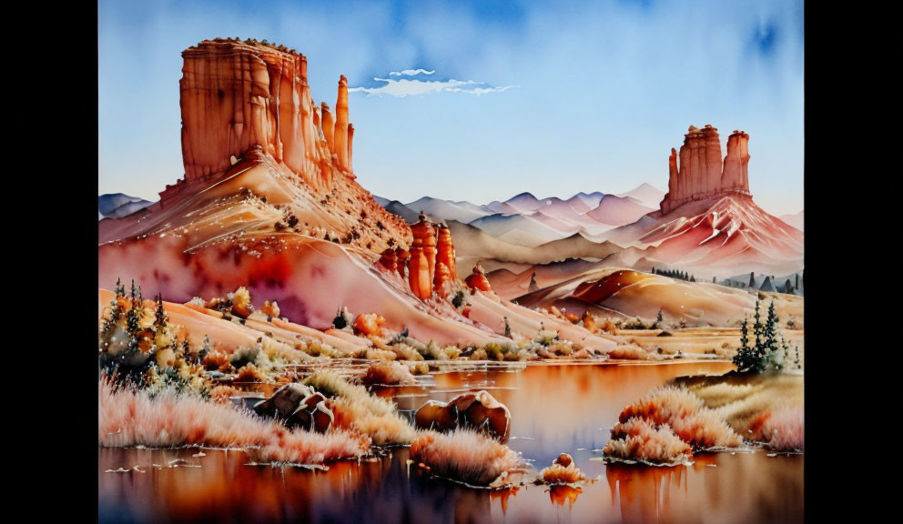 Desert Landscape Watercolor with Sandstone Buttes and Mountains