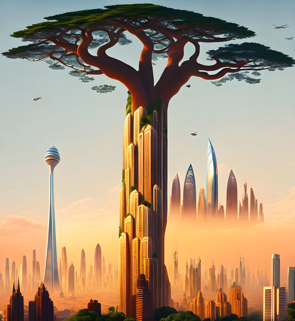 Futuristic cityscape at dawn with tree-like skyscrapers and nature-blending buildings