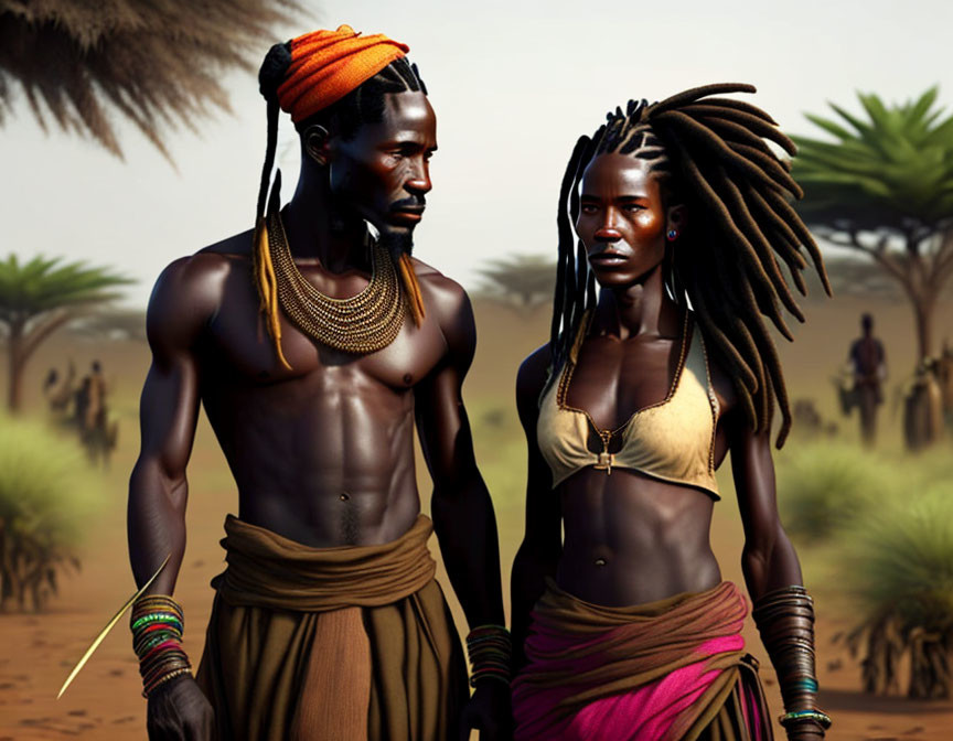 Two individuals with elaborate hairstyles and traditional African jewelry in desert setting.