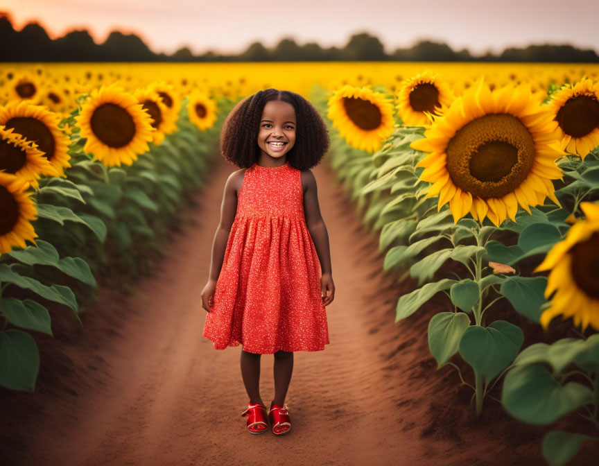 Young girl in red dress in sunflower field at sunset