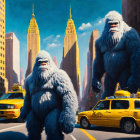 Large furry yeti-like creatures in city with yellow taxis and tall buildings