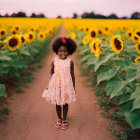 Young girl in red dress in sunflower field at sunset