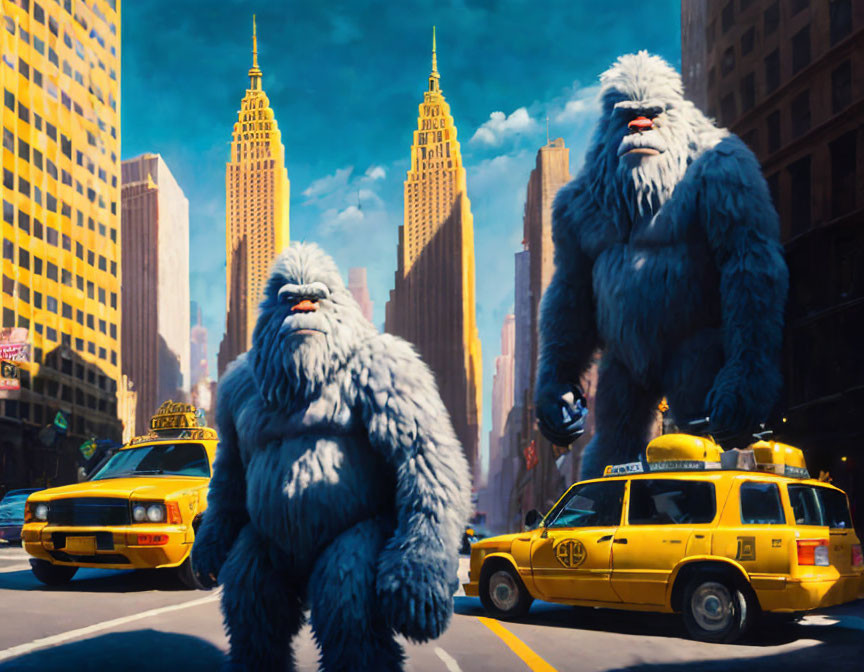 Large furry yeti-like creatures in city with yellow taxis and tall buildings