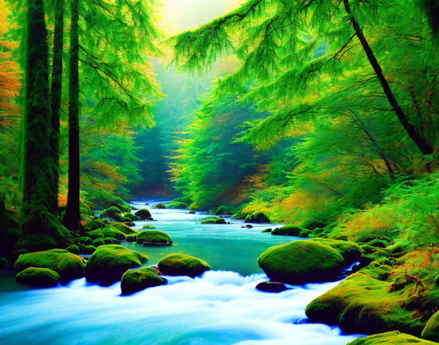 Tranquil forest landscape with flowing river and moss-covered rocks