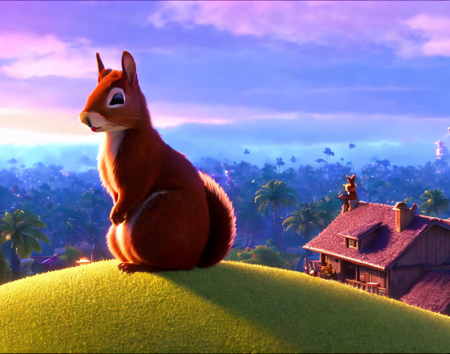 3D-animated squirrel on green hill at sunrise with wooden house and tropical trees