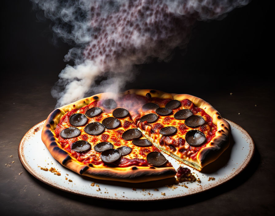 Sizzling Pepperoni Pizza Slice with Steam on Dark Background