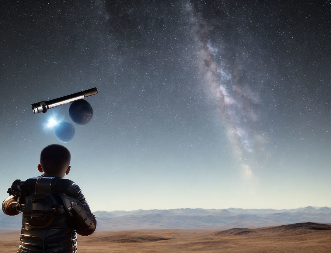 Boy with backpack gazes at starry sky with floating telescope and celestial bodies