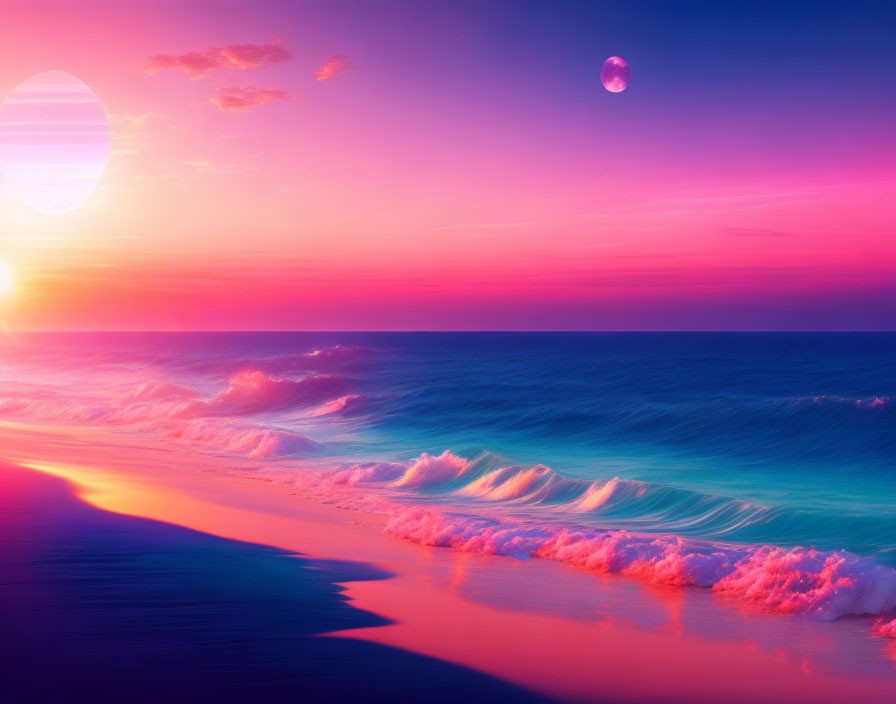 Colorful sunset beach scene with pink and blue sky, gentle waves, serene ocean, and dual-tone