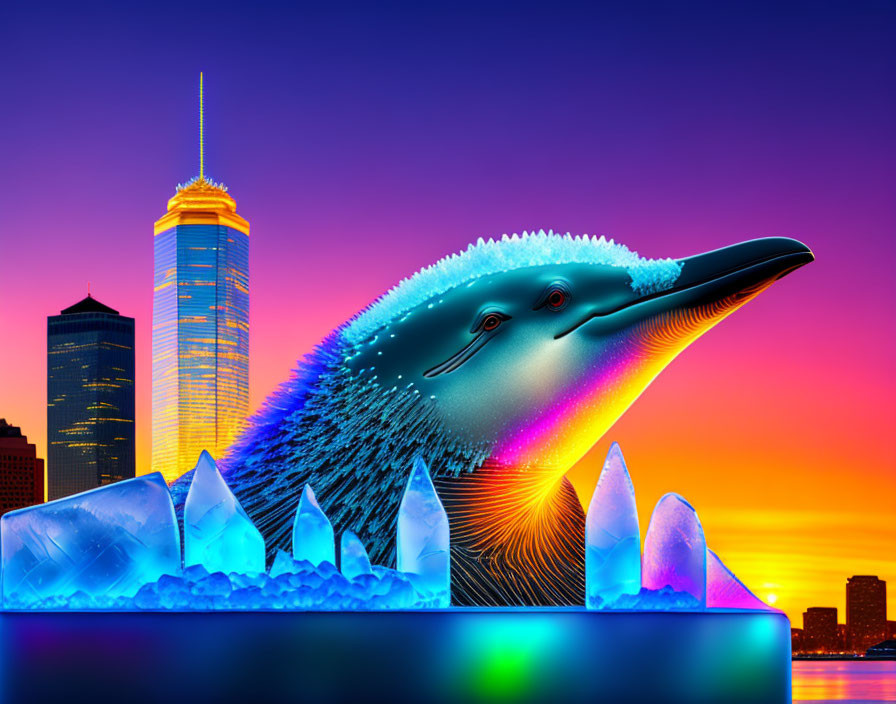 Colorful digital artwork: Dolphin leaps over ice crystals at sunset