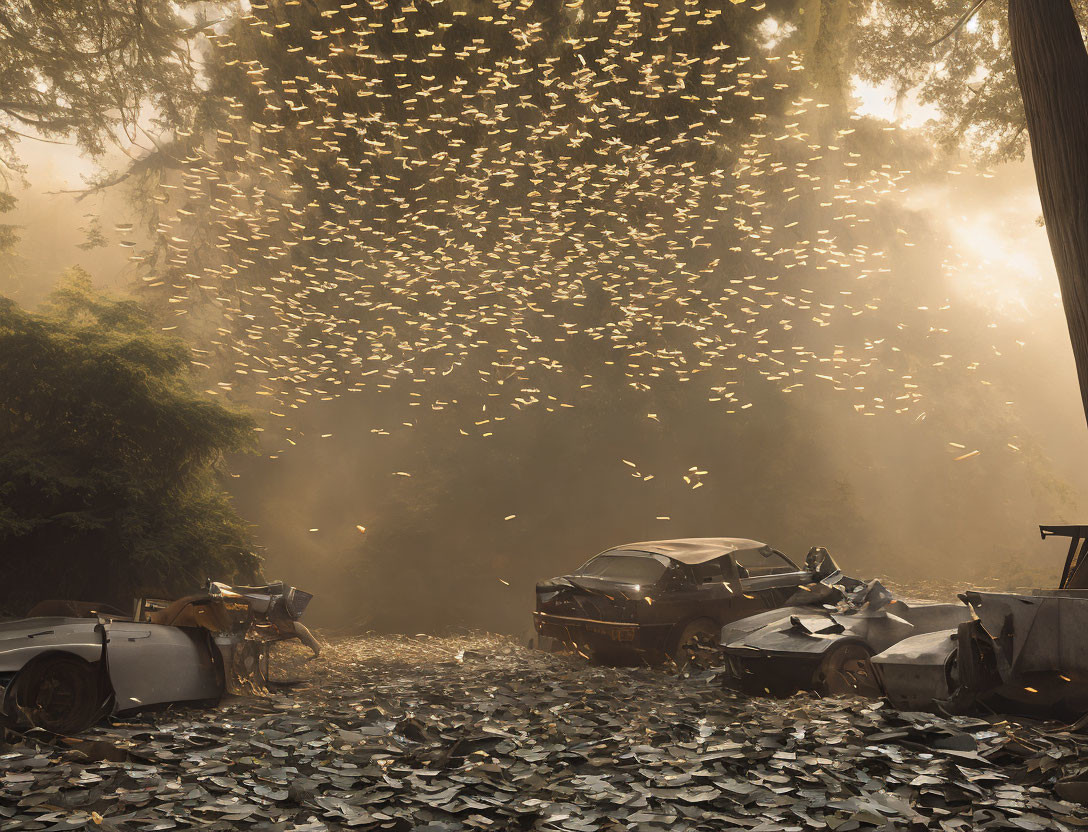 Swarm of butterflies emerging from damaged cars in misty forest at golden hour