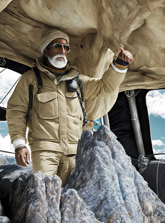 Elderly adventurer in turban and sunglasses on rocky terrain