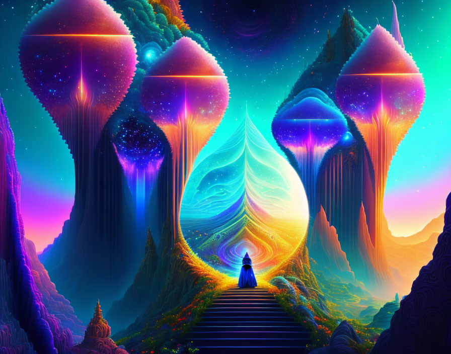 Digital artwork of person at cosmic gateway with tree-like structures