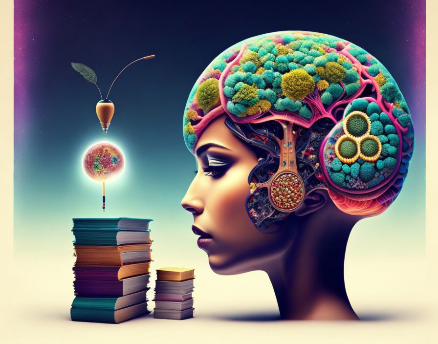 Colorful surreal illustration: woman with exposed brain, books, dandelion seed.