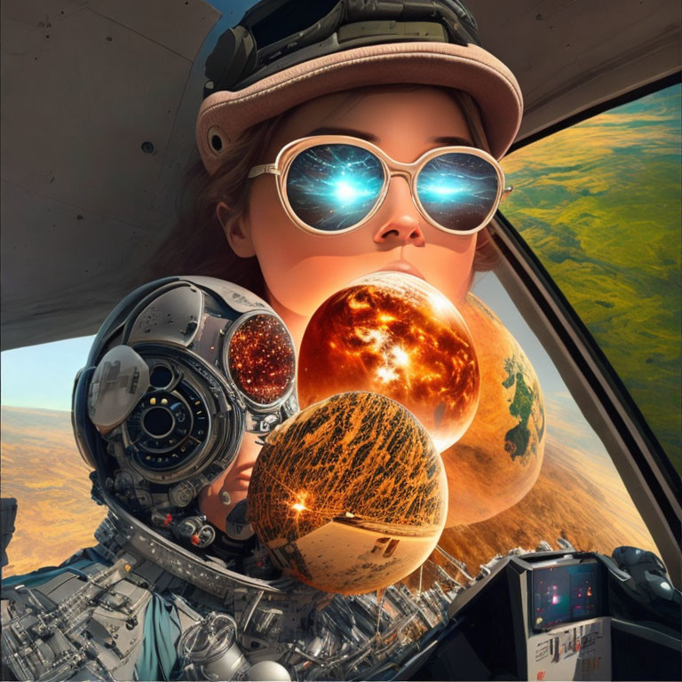 Pilot with reflective sunglasses and robot in spacecraft cockpit on fiery planet