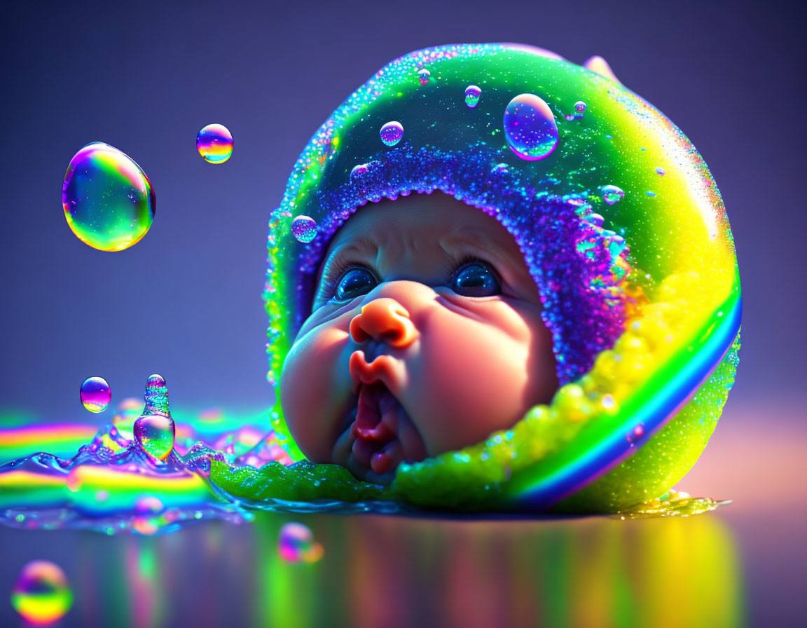 Vibrant surreal image of baby's face in bubble-like substance