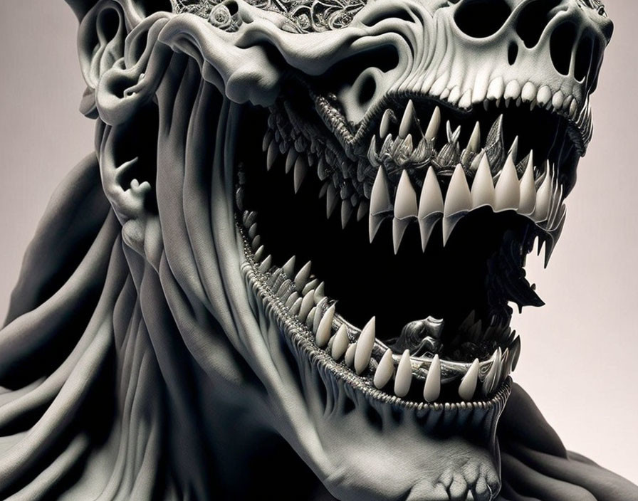 Detailed monochrome illustration of fantastical creature with layered jaws and skull-like features.