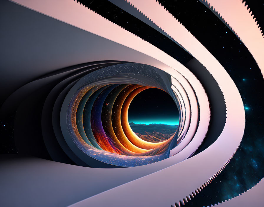 Surreal digital artwork: concentric arches, space to mountain landscape transition