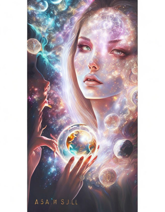 Illustration of cosmic woman holding glowing planet in celestial setting