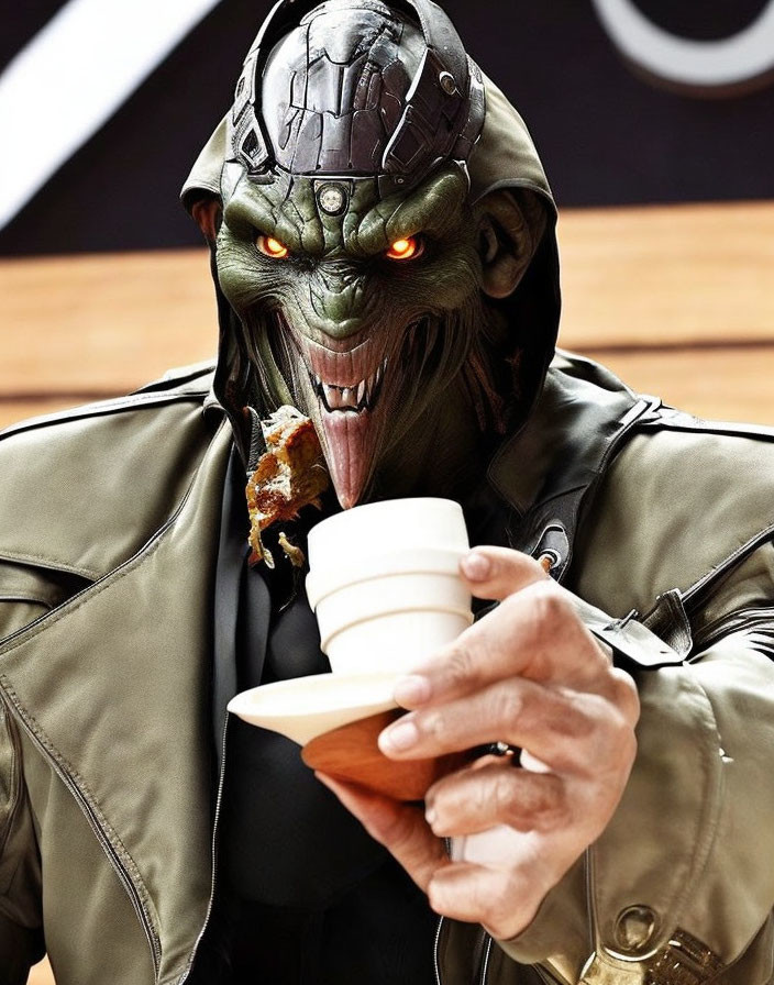 Green-skinned creature in helmet and jacket eating sandwich with coffee cup