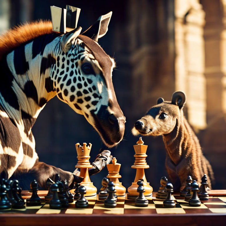 Giraffe and Mouse Figurines Playing Chess with Giraffe Holding Piece in Mouth