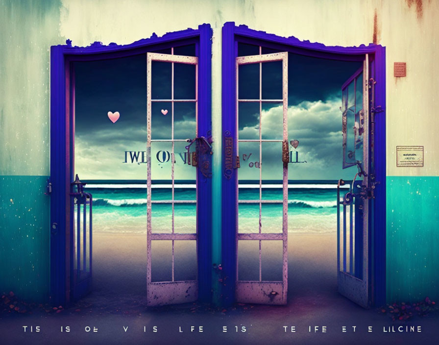 Purple doors reveal beach view with heart stickers and poetic fragments under teal sky