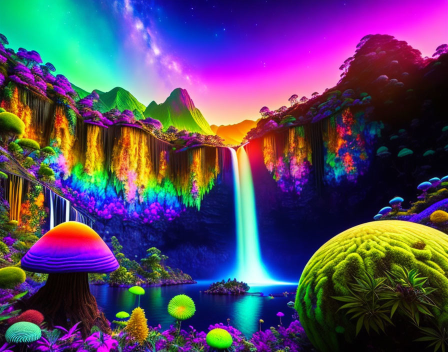 Colorful Fantasy Landscape with Waterfall and Aurora Sky