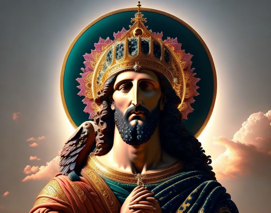 Regal male figure with halo, scepter, and dove in royal attire