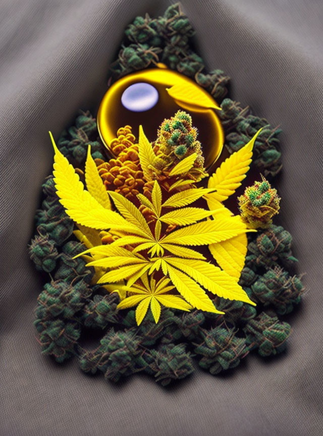 Digital collage: Cannabis leaves and buds on textured brown background with surreal eye and golden elements