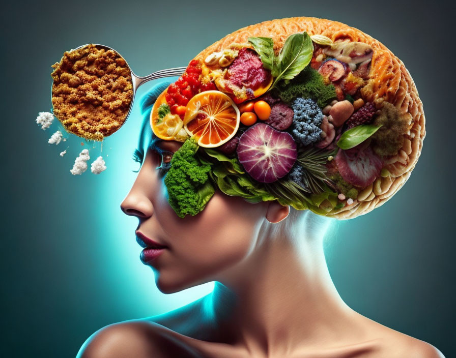 Woman's Profile with Brain Substituted by Healthy Foods: Fruits, Vegetables, and Gr