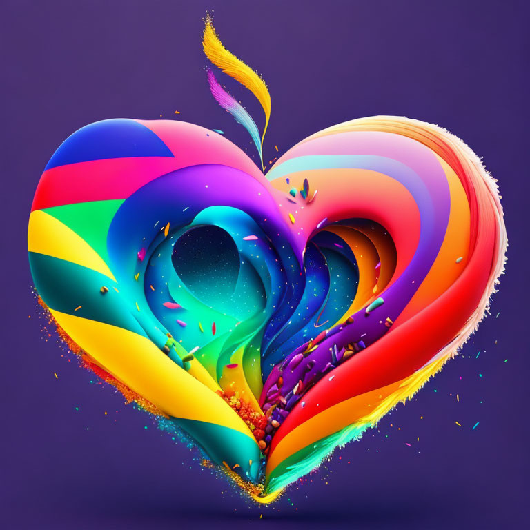 Colorful 3D heart with feather, particles, on purple backdrop