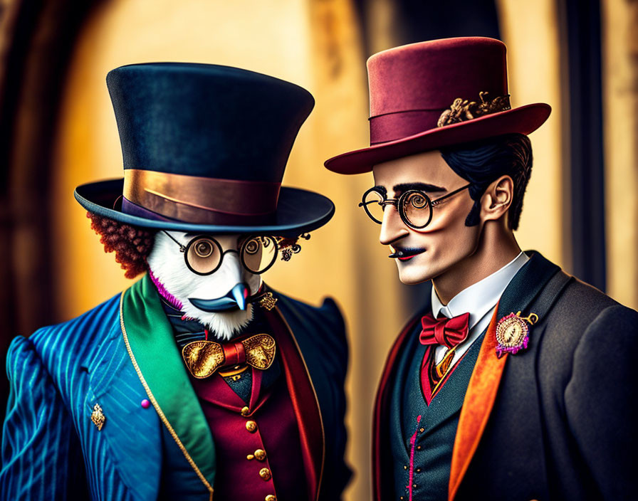 Stylized Victorian characters in elaborate costumes and top hats