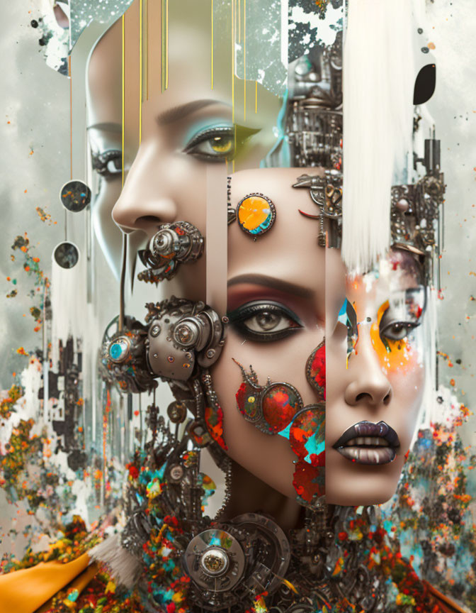 Colorful surreal portrait of fragmented woman with mechanical elements