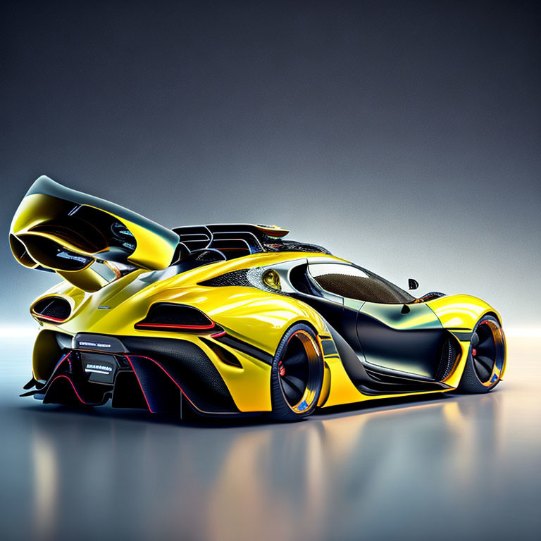 High-performance sports car with rear spoiler in yellow and black color scheme