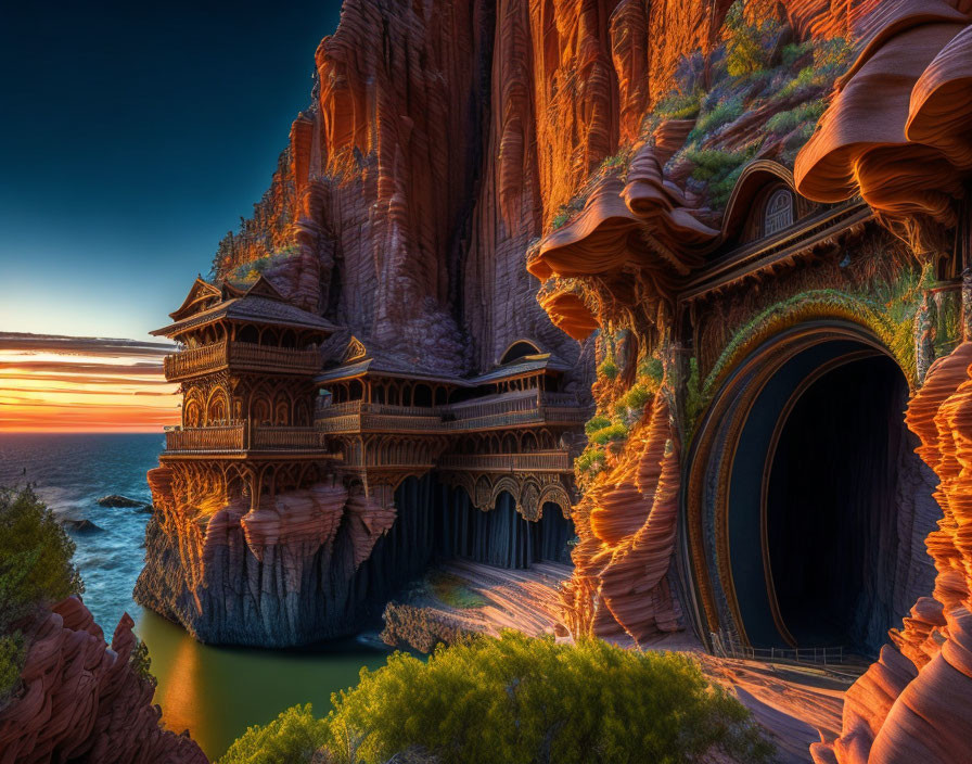 Ornate wooden cliffside architecture overlooking river at sunset