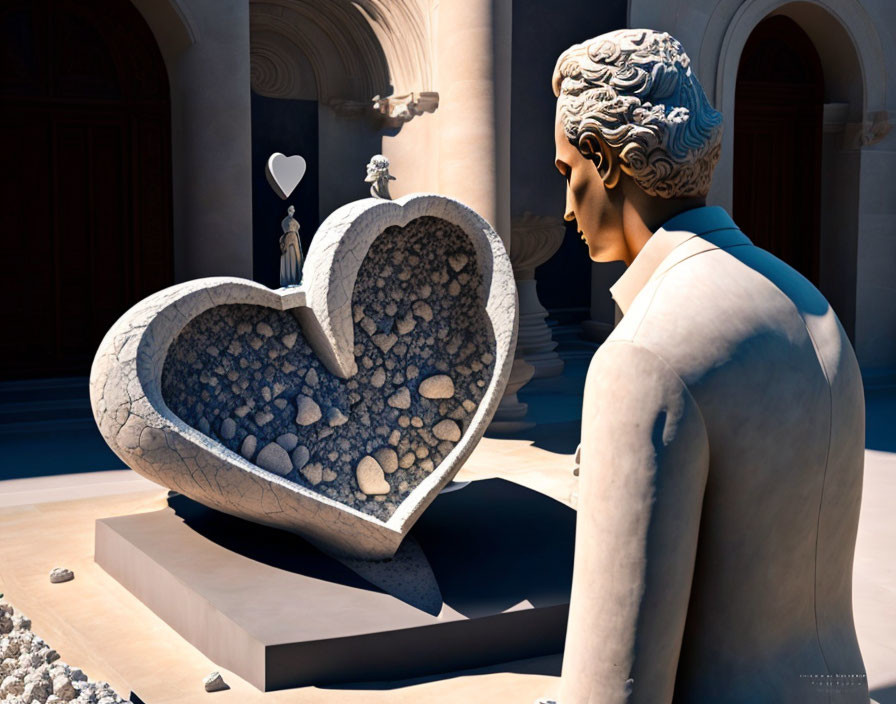 Surreal image: statue-like man gazes at heart-shaped sculpture in classical courtyard