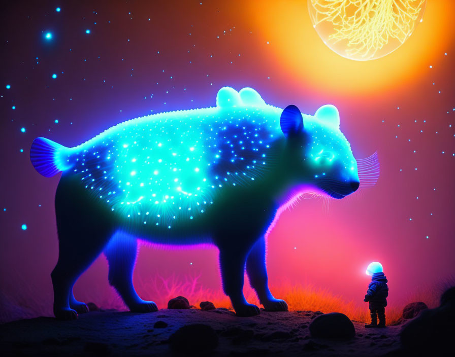 Neon blue bear and human under orange moon in mystical night scene