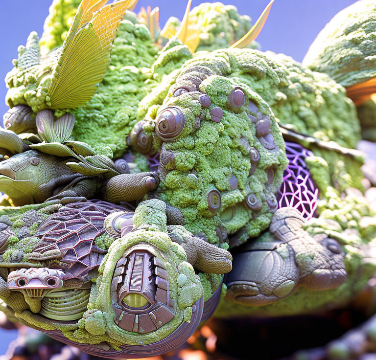 Detailed 3D Fractal Image: Green Turtle-Like Creatures & Cob Structures