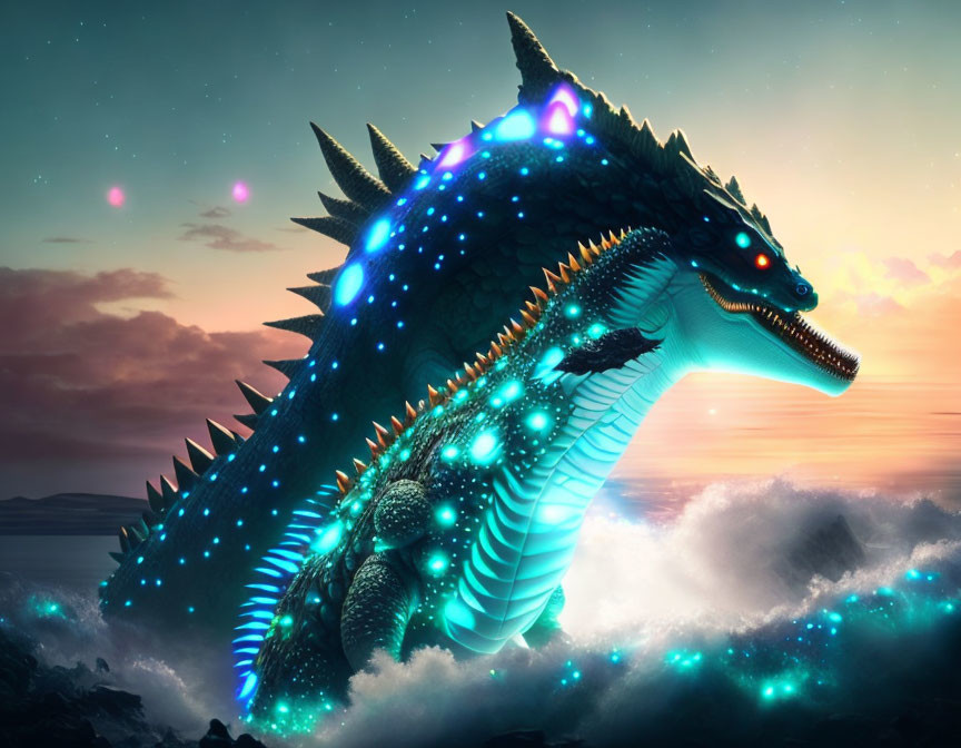 Neon-lit dragon in misty dusk landscape