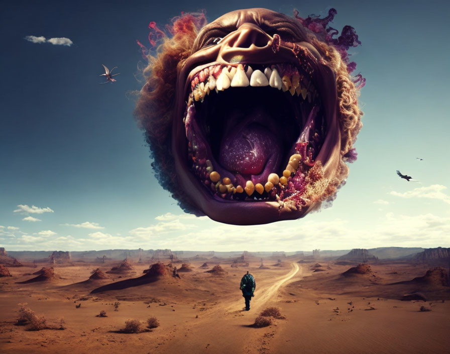 Person in desert faces floating head with open mouth in surreal scene