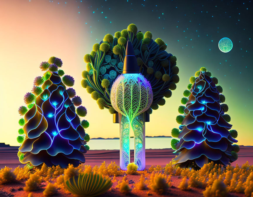 Neon-glowing tree-like structures under starry sky with distant planet