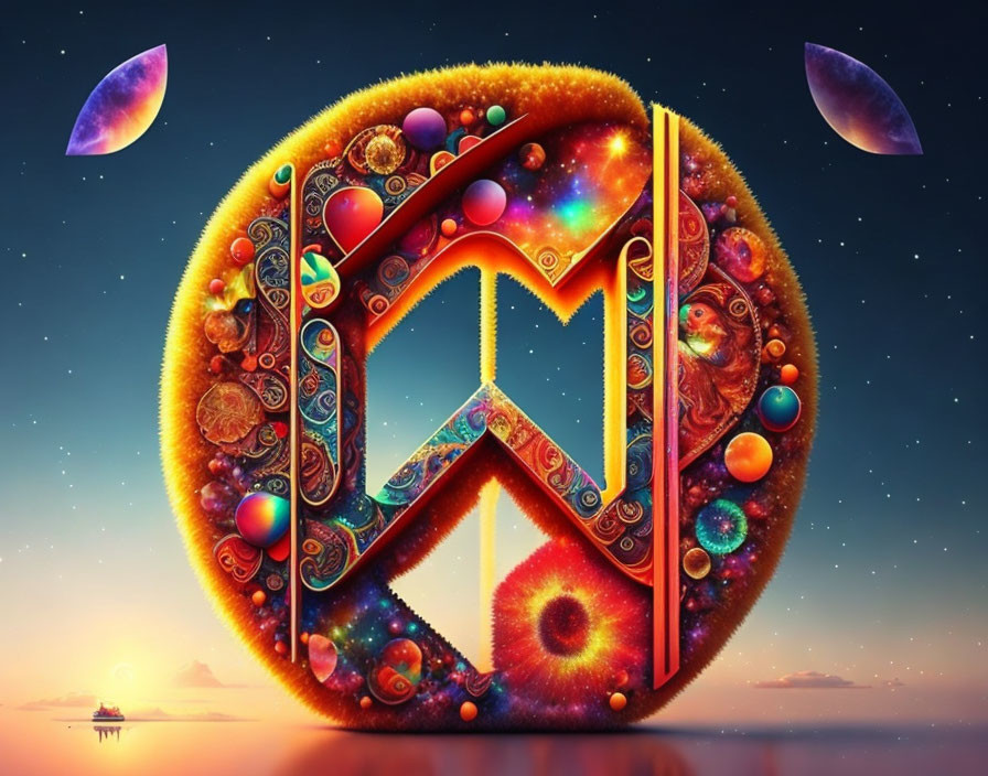 Colorful Psychedelic Letter "M" with Cosmic Motifs on Sunset Sky