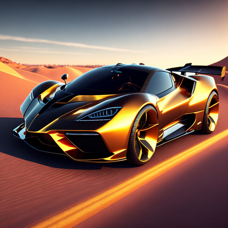 Black and Gold Futuristic Sports Car in Desert Setting