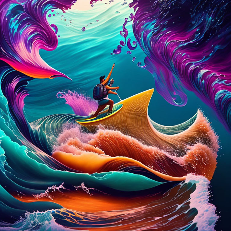 Vibrant digital artwork: person surfing on colorful wave