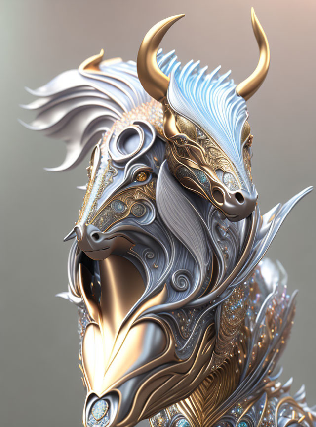 Detailed Metallic Dragon Sculpture with Gold and Silver Hues