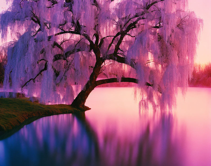 Tranquil dusk scene with weeping willow tree, water reflections, pink and blue sky