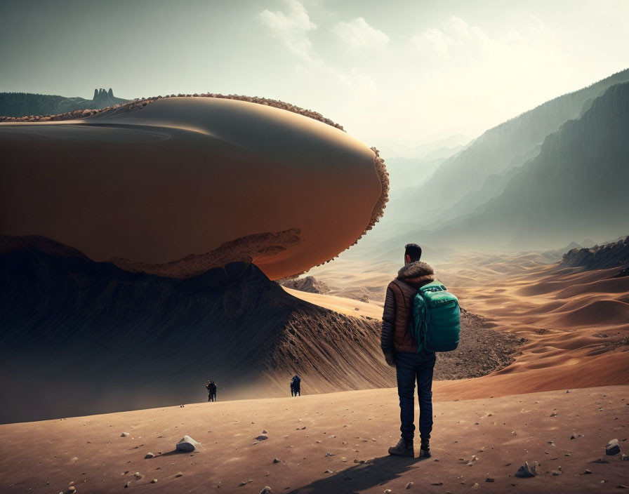 Backpacker gazes at giant floating bean in desert scene