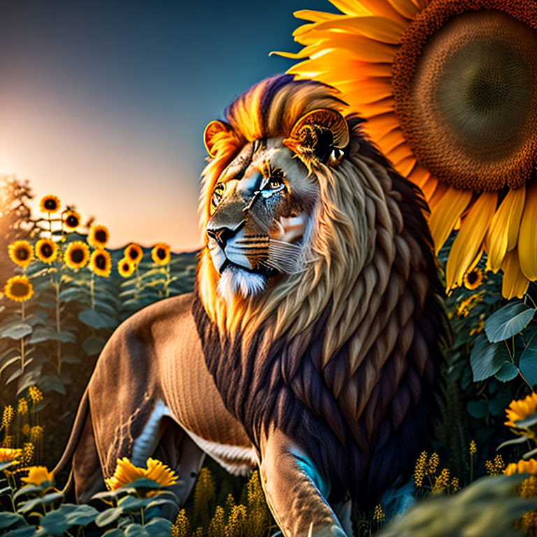 Majestic lion with lush mane in sunflower field at sunrise