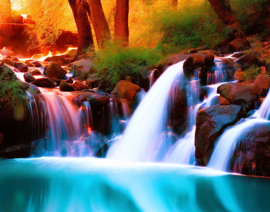 Vibrant long exposure photo of small waterfall with turquoise water, golden light, lush greenery